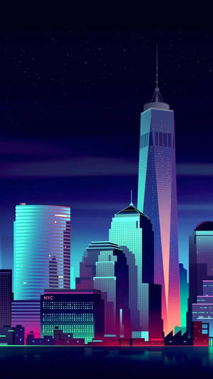 夜晚霓虹燈照亮的紐約市天際線，摩天大樓倒映在水中。 — 像素藝術 壁紙