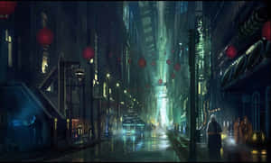 夜晚未來主義的城市街道，紅色燈籠和潮濕路面反射霓虹燈光。 — 城市風景 壁紙