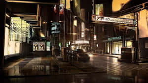 未來城市夜晚的街道，霓虹燈招牌和濕漉漉人行道上的倒影。 — 賽博龐克城市 壁紙