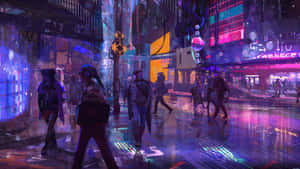 夜晚的未來城市街道，霓虹燈和雨水濕滑的路面反射著發光的招牌。 — 電馭叛客2077 壁紙