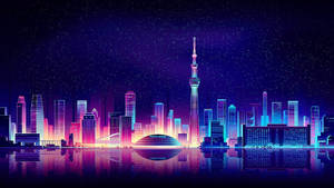 夜晚霓虹東京天際線，水中倒影和星空。 — 霓虹紫 壁紙
