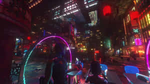 夜晚霓虹燈照亮的城市小巷中的賽博朋克角色。 — 賽博龐克城市 壁紙