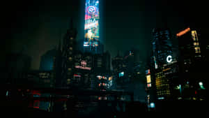 未來主義的城市夜景，有發光的霓虹燈招牌和全息廣告牌。 — 城市燈光 壁紙