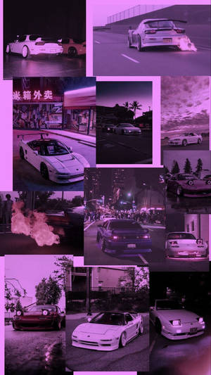 紫色調的跑車在都市夜景中飄移和停泊的拼貼畫。