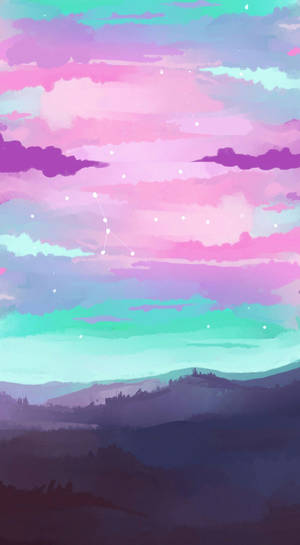 夜晚的粉彩天空，點綴星星和山丘 — 美學天空 壁紙