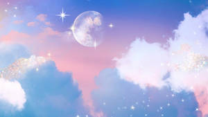 粉彩天空有月亮星星和 fluffy 雲層柔和發光 — 高畫質月亮 壁紙