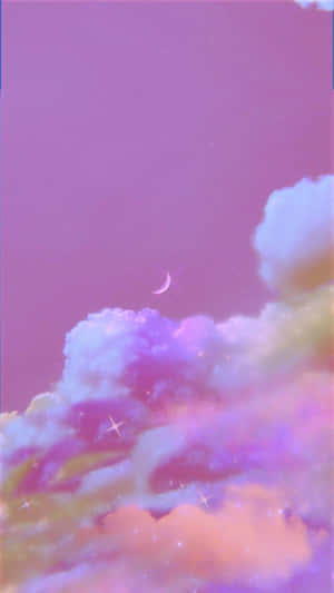 夢幻天空中的粉彩雲朵，伴隨著新月和閃爍的星星。 — BTS 紫色美學 壁紙