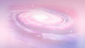 在柔和的宇宙場景中，一個發光的粉紅和紫色螺旋星系，散佈著星星。 — 黑川伊佐那 壁紙