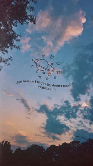黃昏天空，有樹木和一句關於放手的 quote， surrounded by stars and a planet. — 藍天 壁紙