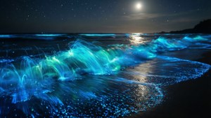 在明亮的月亮和星星下，夜晚發光的藍色海浪。 — 夢幻 GIF 壁紙