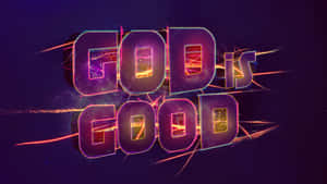 「GOD IS GOOD」文字帶有發光的霓虹邊緣和熾熱的光爆，背景是黑暗的宇宙。 — 神的話語 壁紙