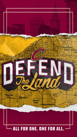 克里夫蘭體育口號「Defend The Land」覆蓋在撕裂地圖和天際線上。 — 克里夫蘭騎士隊 壁紙