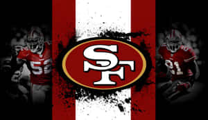 San Francisco 49ers 足球隊標誌，兩側有球員。 — 運動風 壁紙