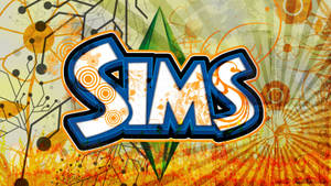 Sims 標誌，配有風格化字體和色彩繽紛的抽象背景圖案。 — 卡通 壁紙