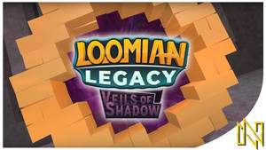 遊戲標題Loomian Legacy Veils of Shadow突破橙色方塊，帶有紫色光芒。 — 洛米安傳奇 壁紙