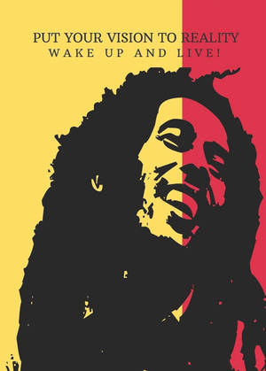 Bob Marley 圖形海報，黃色紅色分割臉和勵志文字。