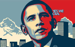 巴拉克·歐巴馬肖像，城市天際線上方有「YES WE CAN」標語。 — 巴拉克·歐巴馬 壁紙