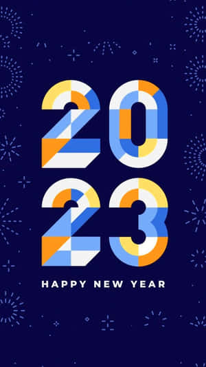 深藍色背景上帶有彩色幾何數字和星爆圖案的新年2023圖形 — 新年快樂 壁紙