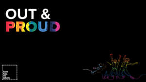 霓虹彩虹剪影的人們用「OUT & PROUD」文字慶祝。