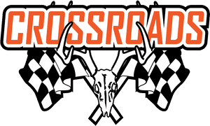 橙色 CROSSROADS 文字下方，帶鹿角的鹿頭骨兩側有格子旗。