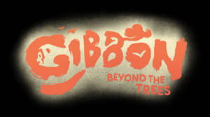 橙色風格文字 'GIBBON BEYOND THE TREES' 在聚光燈下發光。 — 白眉猴 壁紙