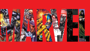 Marvel標誌，每個字母內都有標誌性角色。 — 漫威標誌 壁紙