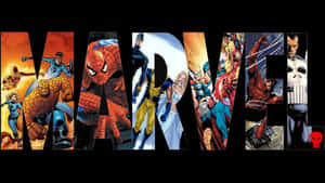 以漫畫風格的標誌性超級英雄角色組成的Marvel標誌。 — 4K 光環 壁紙