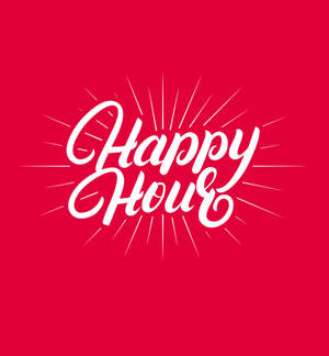 紅色背景上帶有太陽光線的Happy Hour文字圖形 — Oppo Find N5 壁紙