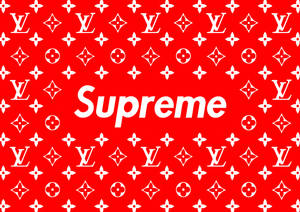 帶有LV字母組合圖案和白色Supreme標誌的紅色背景。 — 紅色至尊 壁紙