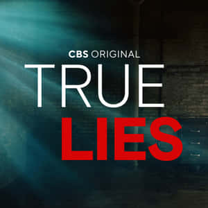 青色光束照亮了大膽的白色和紅色「TRUE LIES」文字後面的磚牆。 — iPad 第9代 壁紙