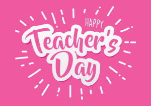 在粉紅色背景上以俏皮的白色字體和爆發線條呈現的「Happy Teacher's Day」問候。 — 粉紅色 壁紙