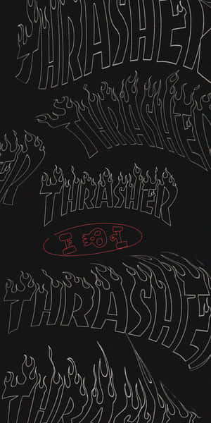 黑色背景上重複的白色輪廓Thrasher標誌和火焰，一個紅色橢圓形標誌。 — Pixel 3 壁紙