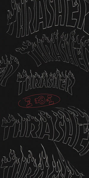 在黑色背景上重複出現帶有白色火焰設計的Thrasher滑板標誌。 — Thrasher 壁紙