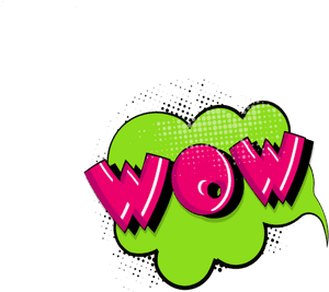 黑色背景上，萊姆綠色漫畫對話氣泡中的鮮豔粉紅色 'WOW' 文字。