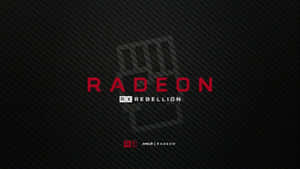 Radeon RX Rebellion 標誌在碳纖維背景上，帶有 AMD 品牌標識。 — 酷炫遊戲 壁紙