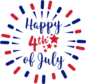 黑色背景上，紅色和藍色煙火環繞的 Happy 4th of July 文字