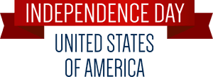 紅色橫幅，Independence Day 文字在上，藍色 United States of America 文字在下，黑色背景。