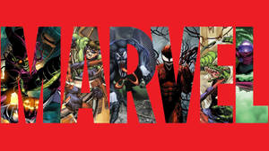 Marvel標誌，反派如Venom和Carnage從每個字母中出現。 — 漫威復仇者聯盟 壁紙