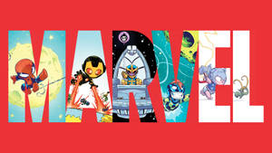 MARVEL 標誌每個字母內的 Q 版漫威超級英雄動作場景。 — 可愛 壁紙