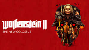 Wolfenstein II 遊戲封面，角色和機械人，紅色背景 — 電玩遊戲 GIF 壁紙