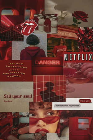 紅色主題流行文化拼貼畫，包含滾石樂隊、Netflix、可口可樂和文字引用。