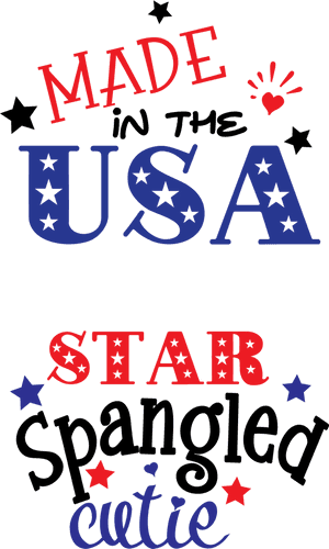 愛國圖形，黑色背景上以紅藍白顯示 made usa star cutie 文字