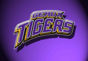 紫色和金色的 Geaux Tigers 運動標誌，3D風格，紫色漸變背景。 — LSU 壁紙