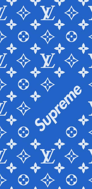 帶有白色 Louis Vuitton 字母組合和對角 Supreme 標誌的藍色背景。 — 碧蓝之海 壁紙