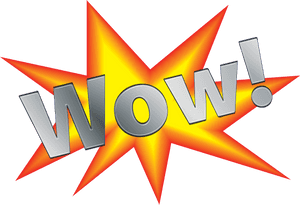 明亮的星爆，上面有 'Wow!' 字樣，以大膽的金屬字體呈現。