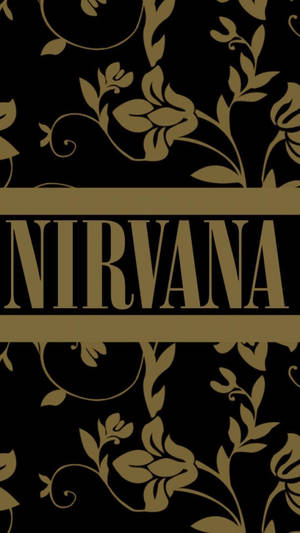 黑色背景上帶花卉圖案的金色Nirvana樂隊標誌 — 涅槃 壁紙