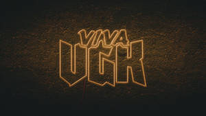 在深色紋理牆壁上發光的金色霓虹文字 VIVA UGH。 — 異塵餘生：新維加斯 壁紙