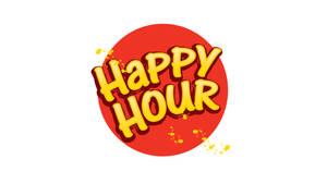 Happy Hour 標誌，帶有粗體黃色文字和紅色圓形上的潑濺效果。 — 歡樂時光 壁紙
