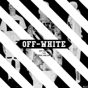 黑白對角線條圖案，帶有碎片化的時裝模特兒圖像和 Off White 標誌。 — 極簡美學桌面 壁紙