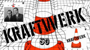Kraftwerk 樂隊標誌，帶有橙色交通錐和黑色塗鴉文字，背景為白色網格。 — 音樂 壁紙